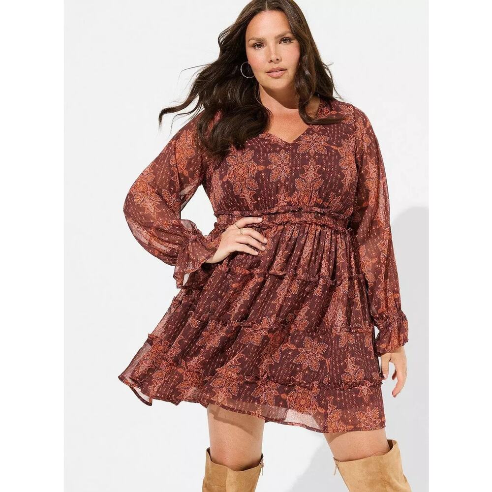 NWT Torrid Mini Lurex Chiffon Tiered Dress Long Sleeve Pockets Plus Size: 00X